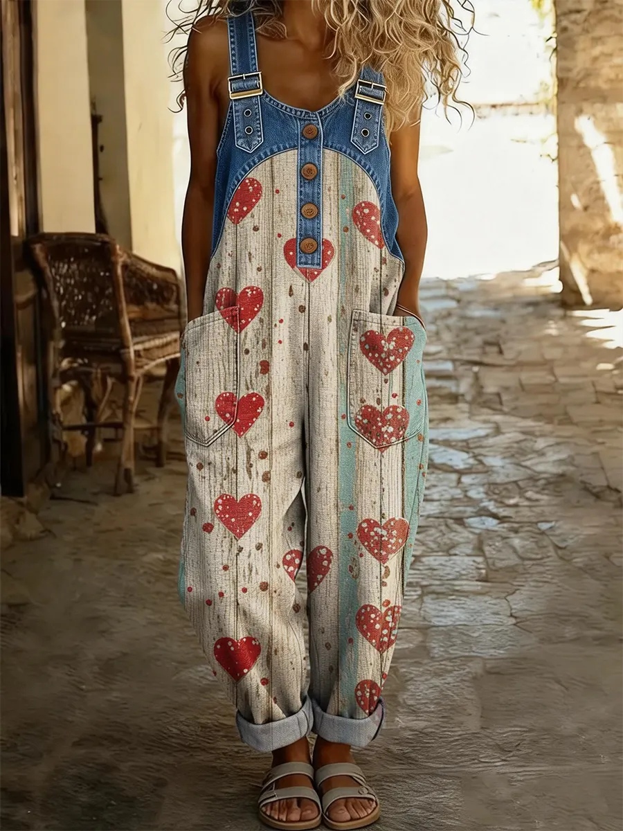 Ethnicity Bohemia Love Women's Casual Washed Cotton Denim Patchwork Jumpsuit